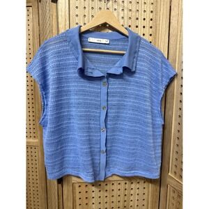 MNG Blue Knit Collared Button Up Short Sleeve Top Women